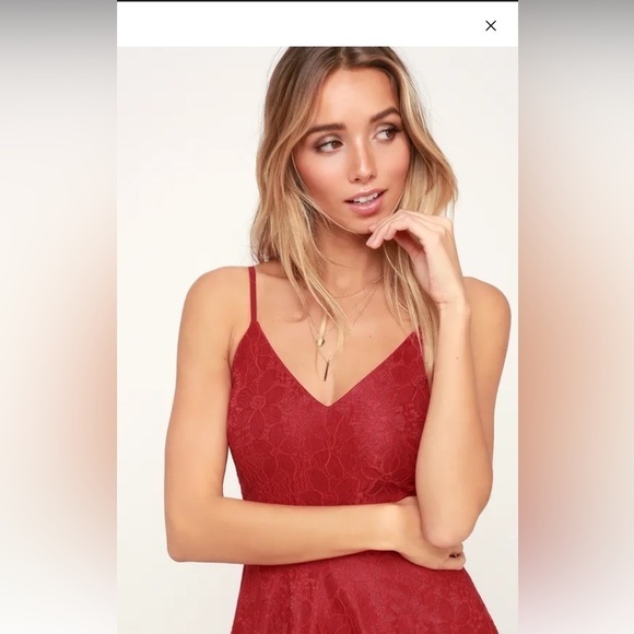 Lulus Way with Words Berry Red Floral Lace Skater Dress Full Skirt Fitted Waist - Picture 3 of 14